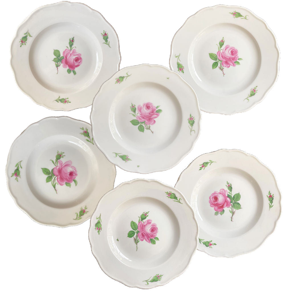 Set of six antique Meissen pink rose appetizer plates with central hand painted rose in full bloom.