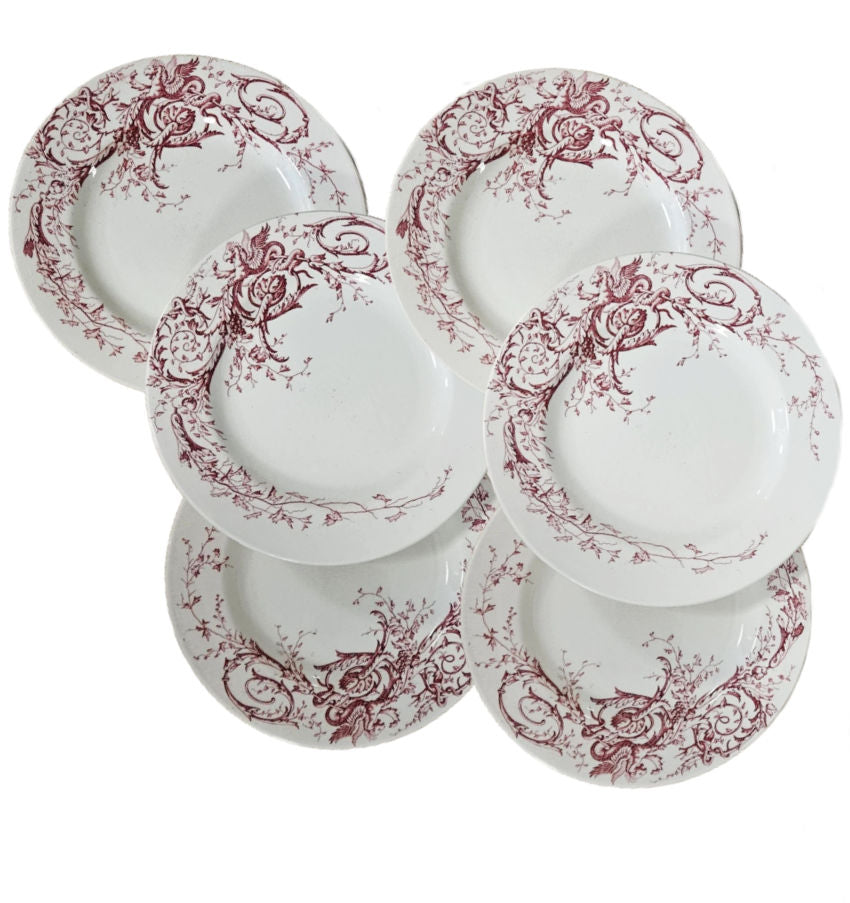 antique French Terre de Fer Griffin dinner plates set of six