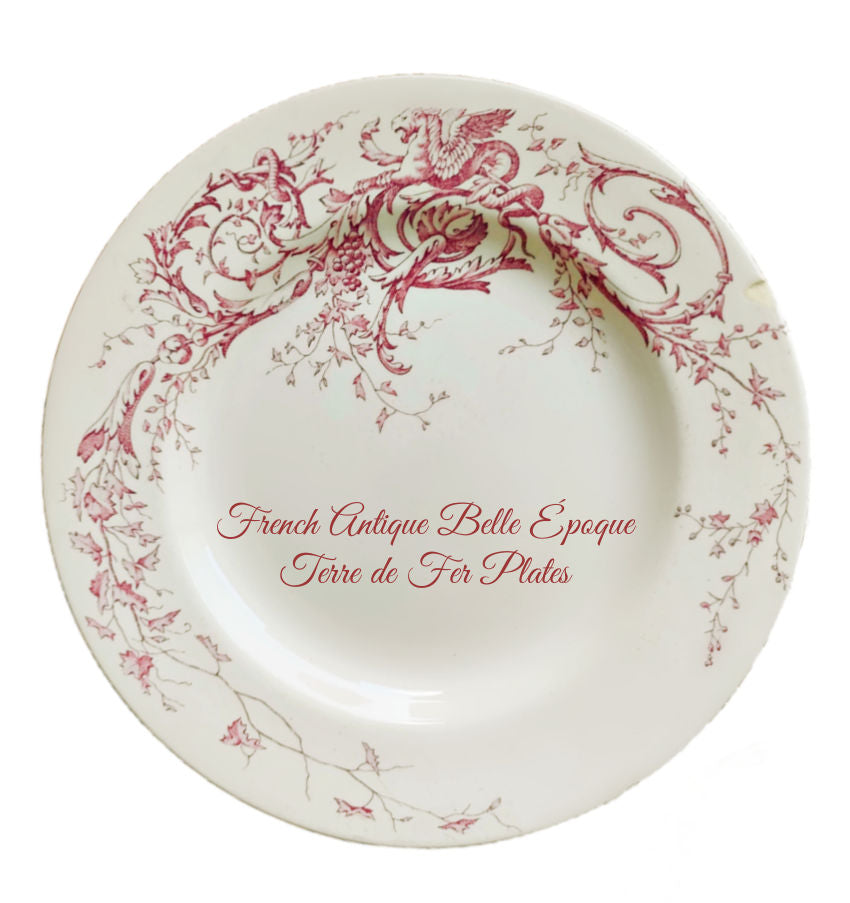 Antique french plates with red transfer Royal Griffin