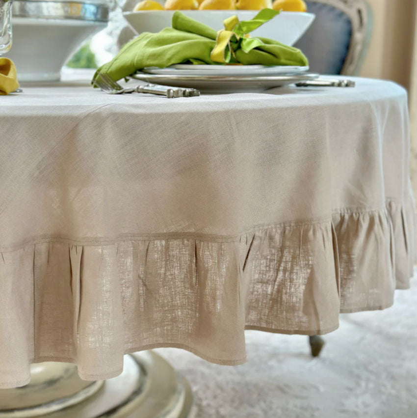 Round natural flax linen tablecloth with soft romantic ruffled edge