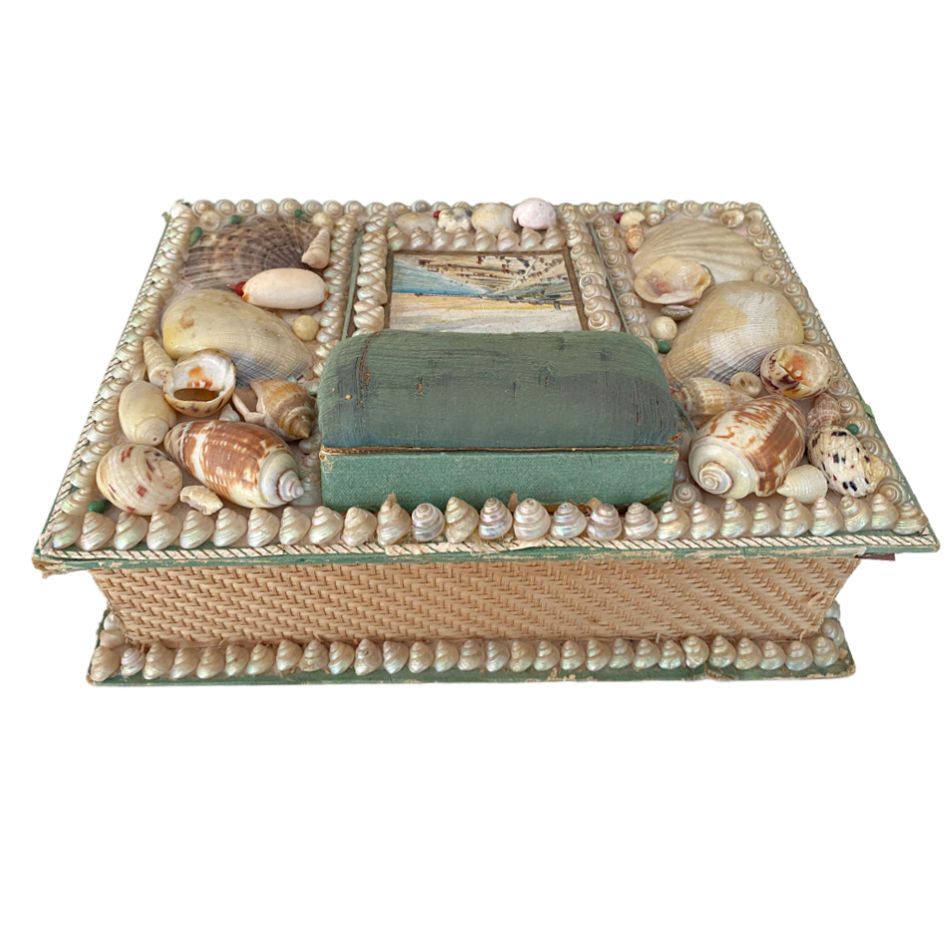 Antique Victorian shellwork souvenir sewing box back