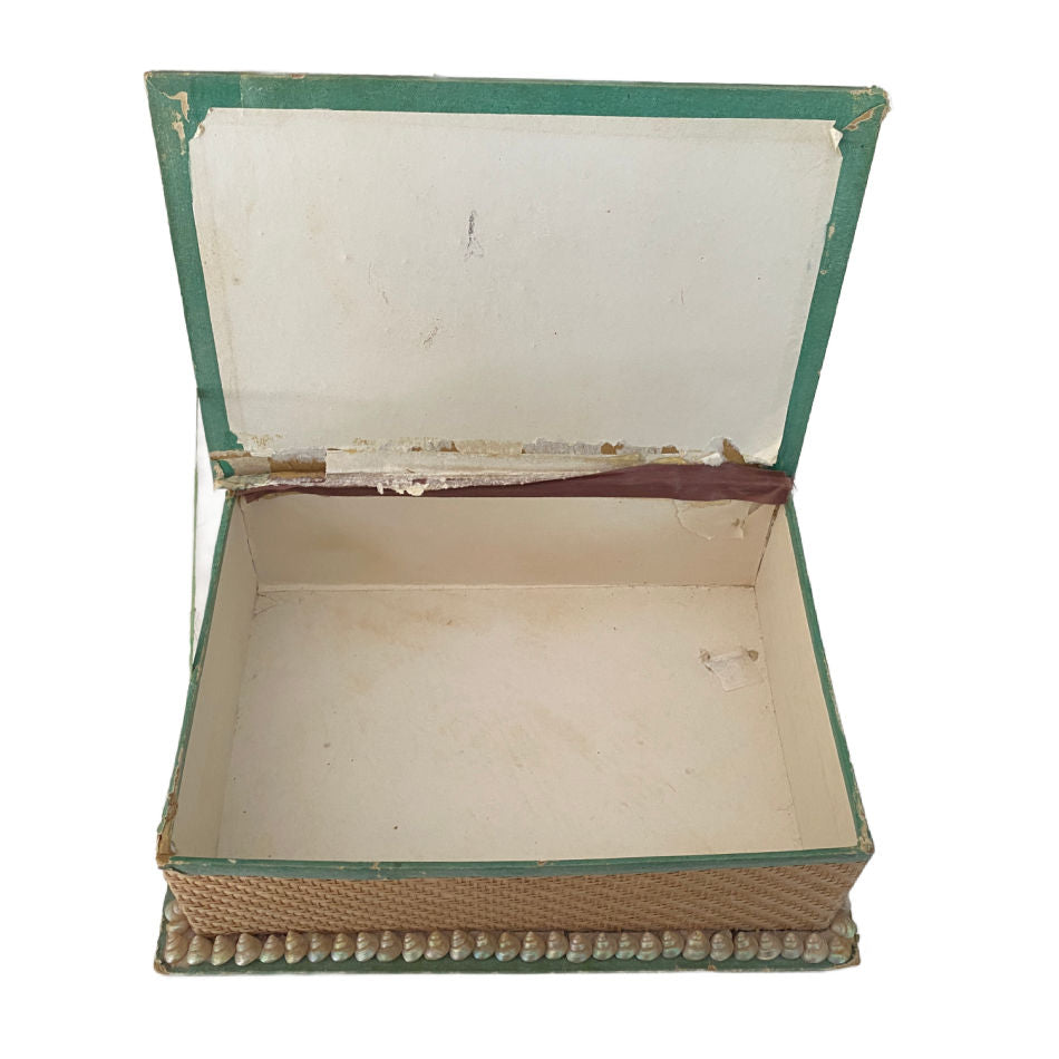 Interior of antique English shellwork sewing box with original paper lining