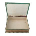 Interior of antique English shellwork sewing box with original paper lining