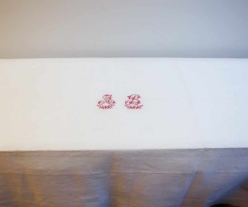 Antique French Metis Hand Woven Table Runner Red Monogram A B