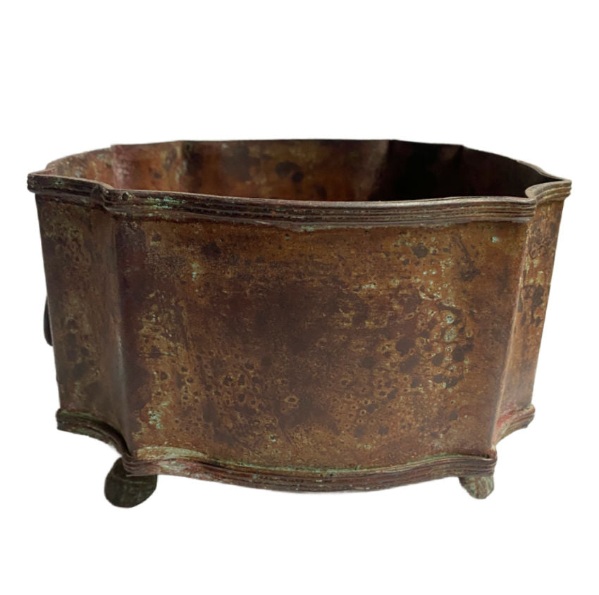 Aged metal planter, lion head handles, paw feet, rustic elegance, country decor, FrenchGardenHouse style, decorative planter, luxury interior accent, antique-inspired planter, sculptural planter, heritage décor