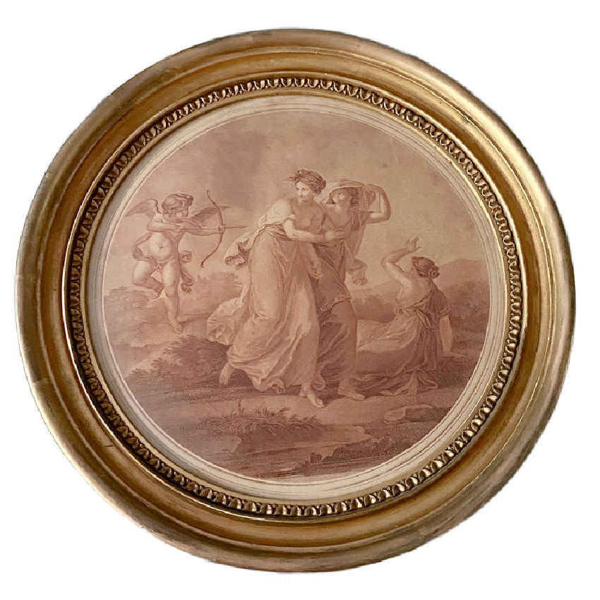 A late 18th century Angelica Kauffman stipple engraving depicting a classical scene, with Cupid, in a 19th century gilded frame.