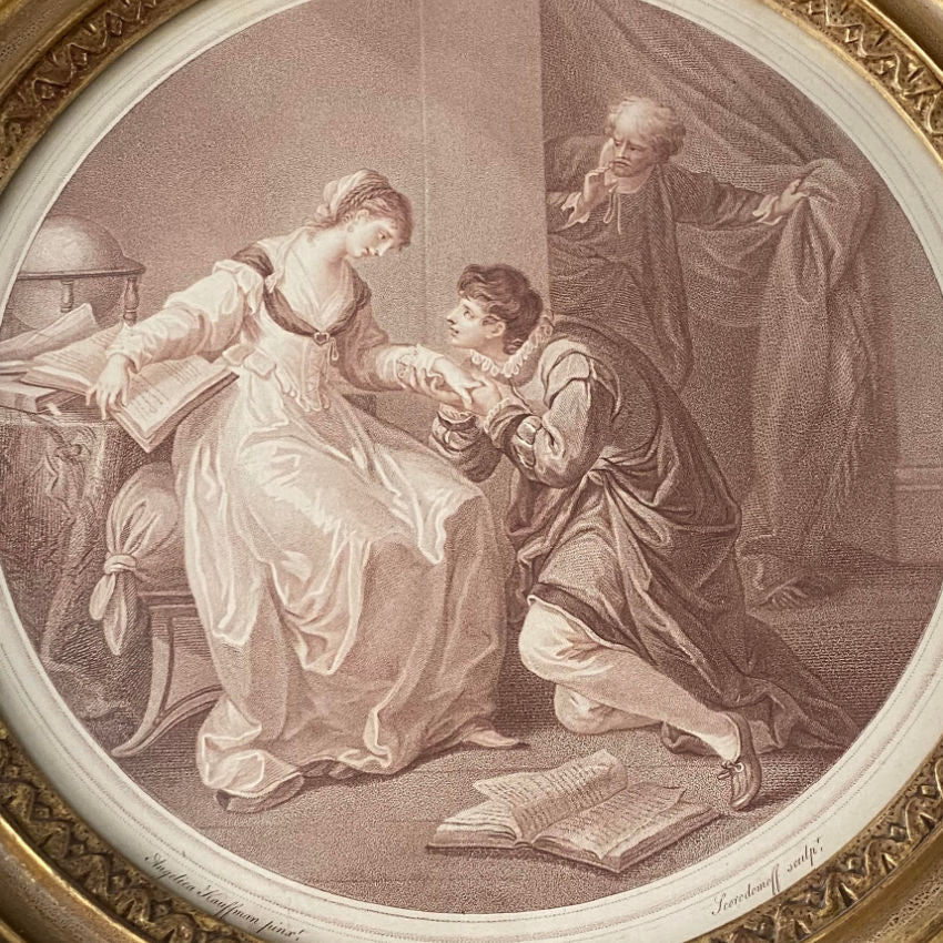 A late 18th century Angelica Kauffman stipple engraving, depicting a scene with two women and a man in academic attire, framed in a 19th century gilded frame.