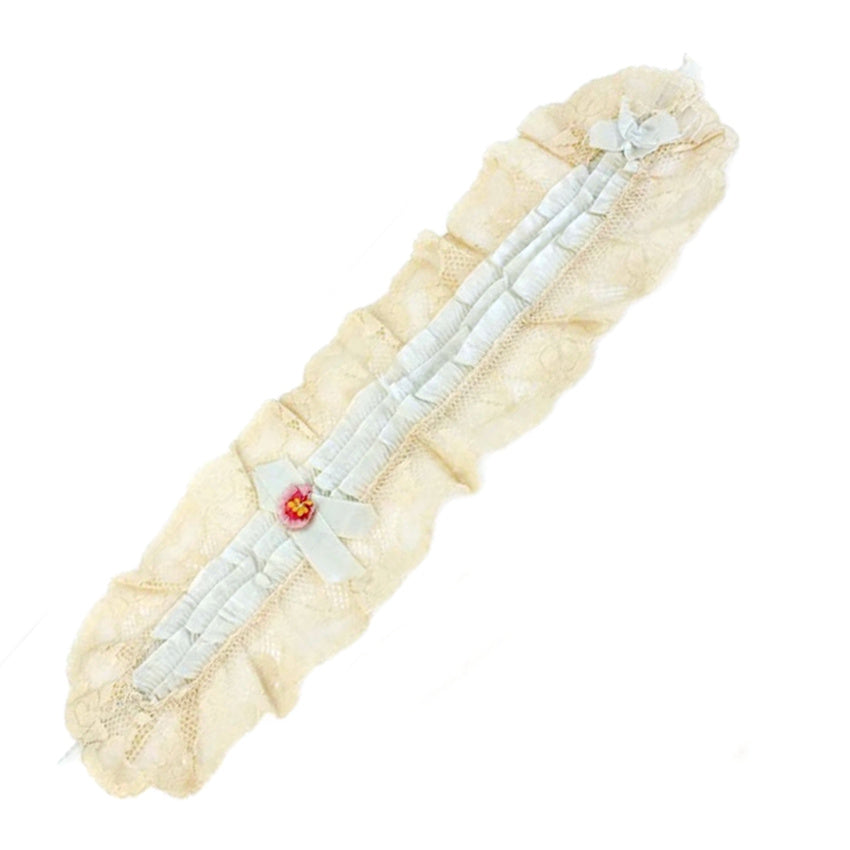 Exceptional antique French silk lace cap with robin’s egg blue ribbons, pink rosette, cream net lace. Rare early 1900s pre-flapper headpiece flat