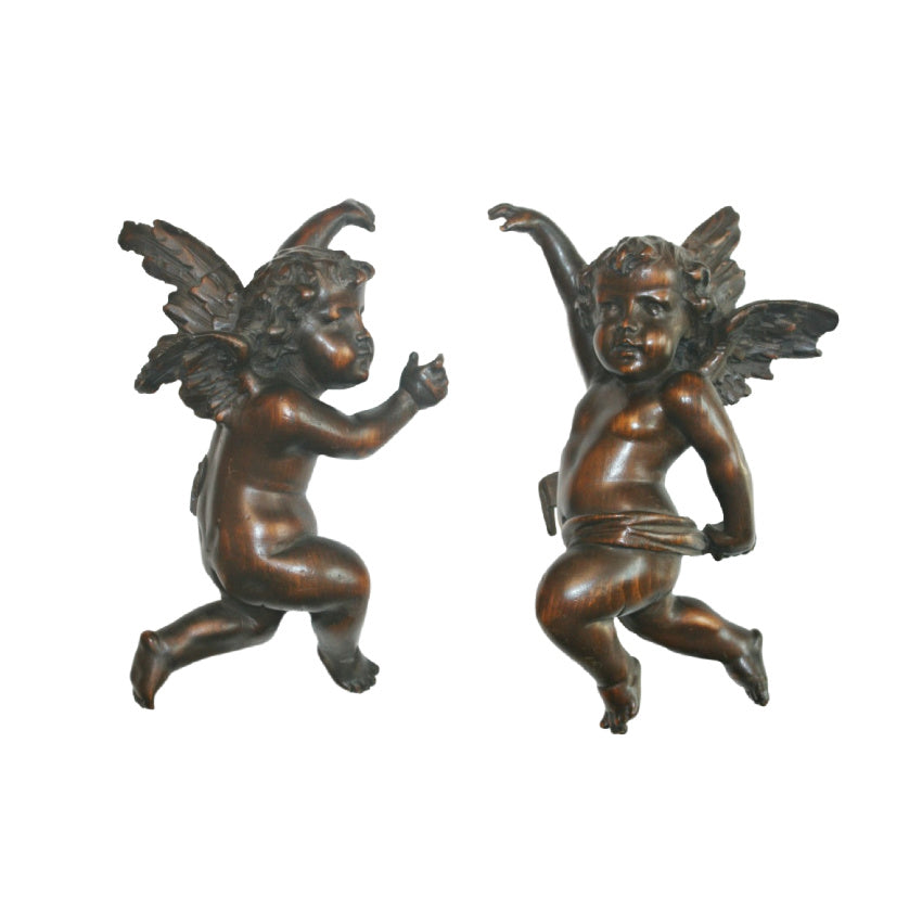 Pair of 18th century Italian Baroque hand carved wooden hanging putti angels with original church hooks