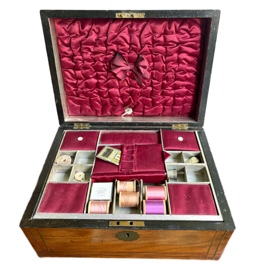 Antique 19th Century Inlaid Sewing Box with Silk Lining, opened to display various sewing tools and materials, including a French gilded pin cushion and metal boxes with fittings.