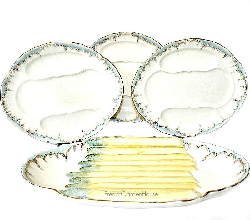 19th Century Asparagus Set Gilt Aqua Plates and Platter Set 0f 10