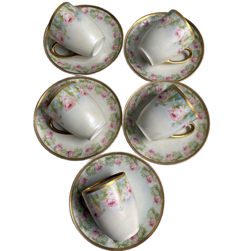 Antique Hand Painted Pink Roses Porcelain Chocolate Pot and 5 Cups