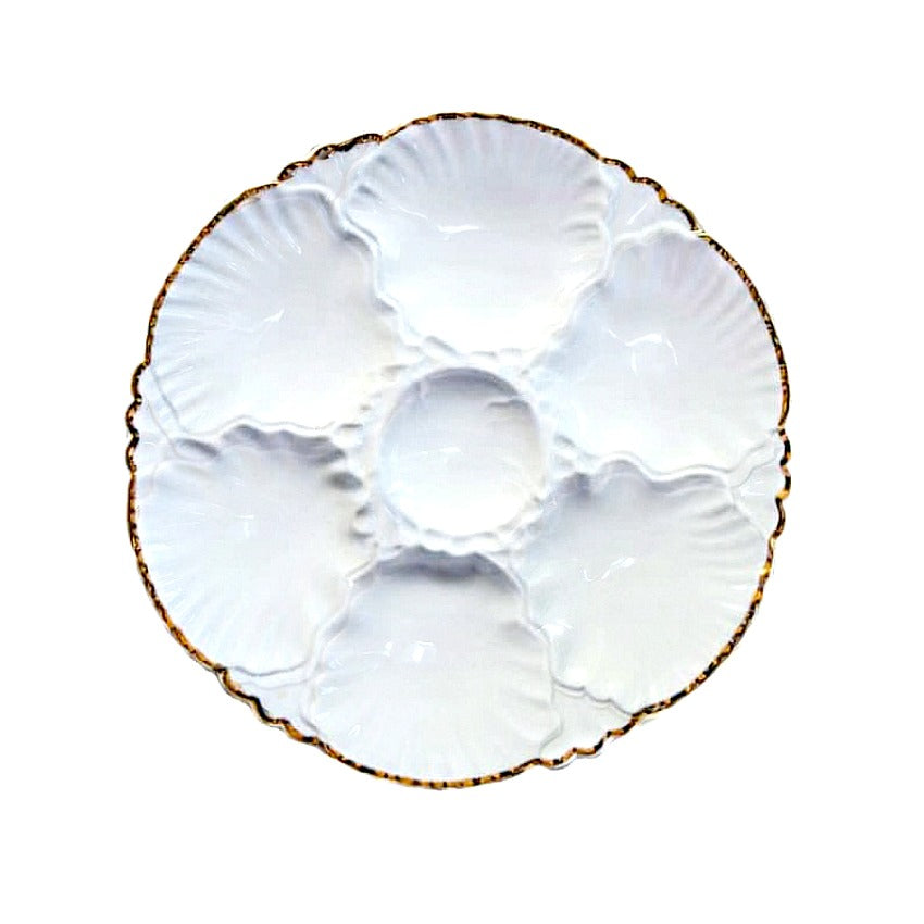 Antique white oyster plate with gold scalloped rim