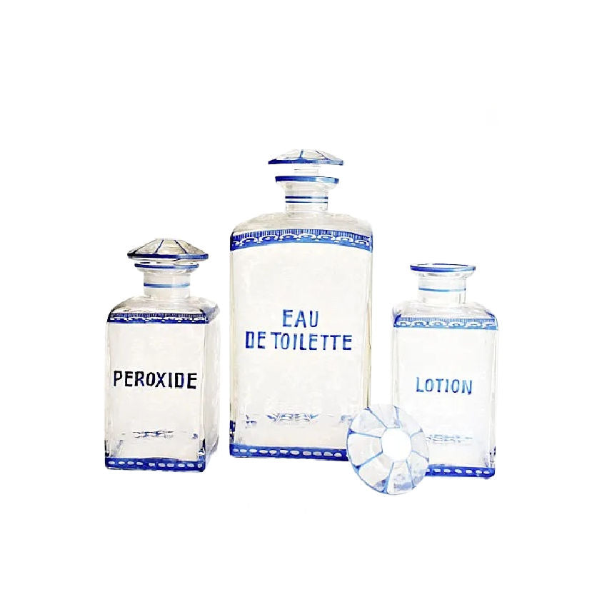 Rare blue Bohemian etched glass dressing table set with three vanity bottles in the style of Friedrich Egermann. Art Deco Czech Bohemian art glass, finely engraved, beautiful art deco stoppers