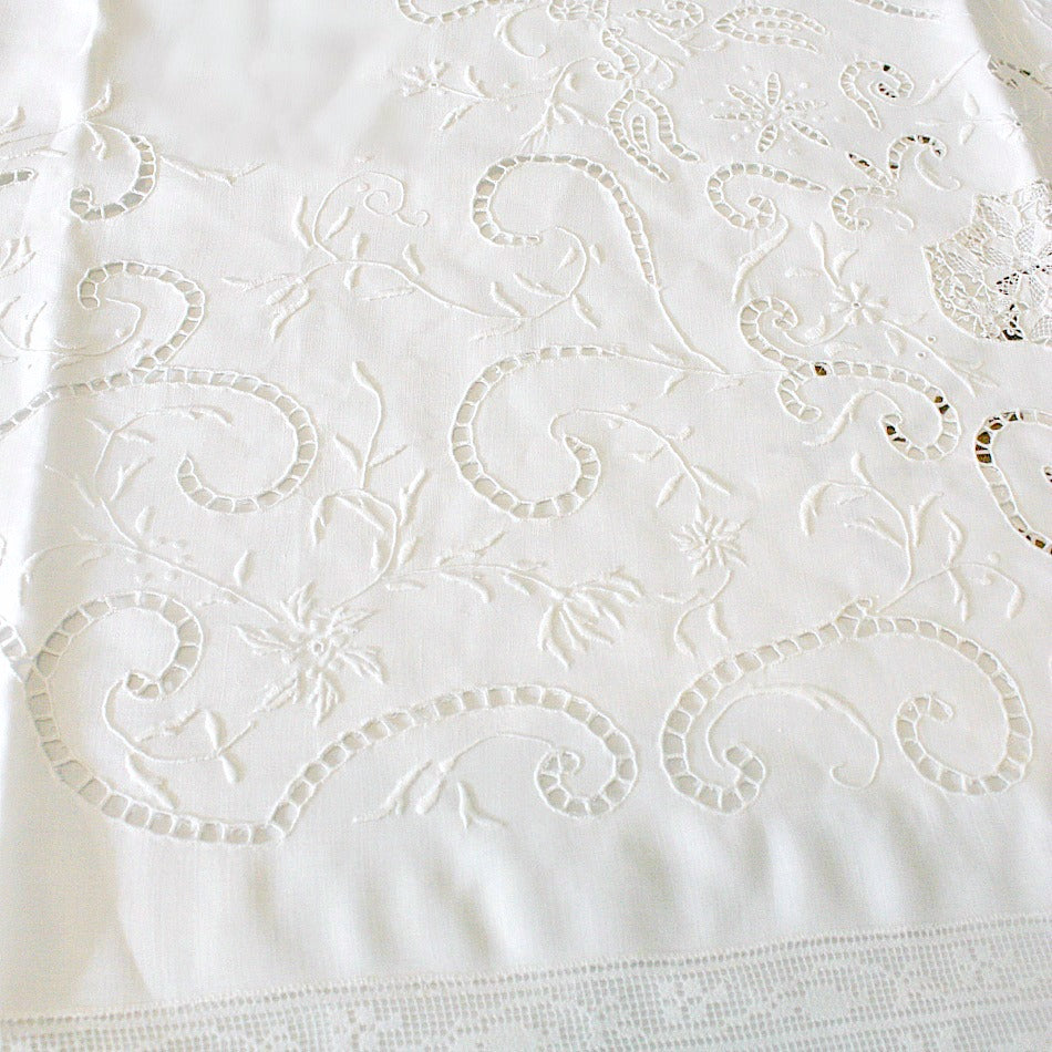 Exquisite Antique Needle Lace Italian Tablecloth Floral Baskets