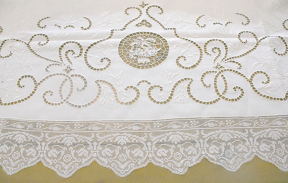 Exquisite Antique Needle Lace Italian Tablecloth Floral Baskets