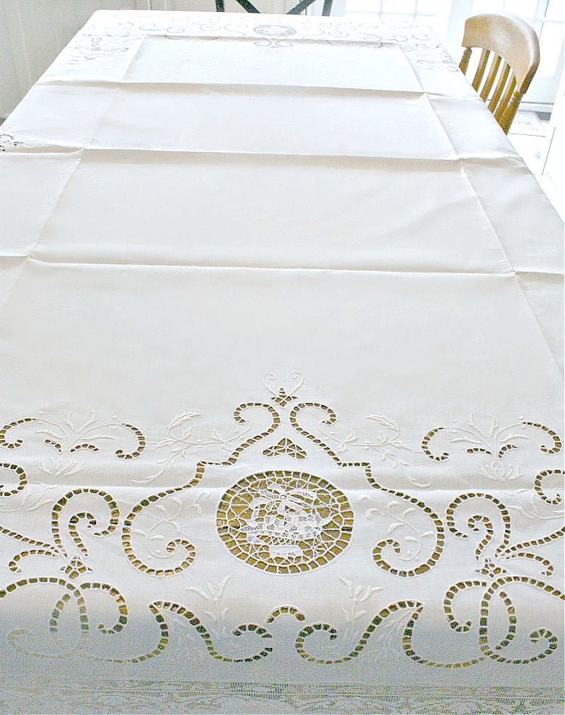 Exquisite Antique Needle Lace Italian Tablecloth Floral Baskets