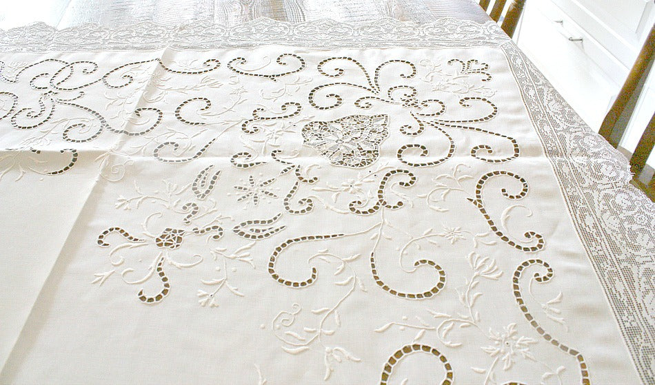 Exquisite Antique Needle Lace Italian Tablecloth Floral Baskets