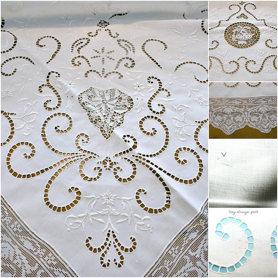 Exquisite Antique Needle Lace Italian Tablecloth Floral Baskets