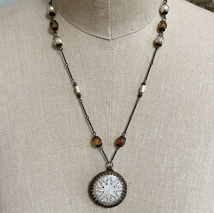 Antique Carved Mother of Pearl Star of Bethlehem Necklace