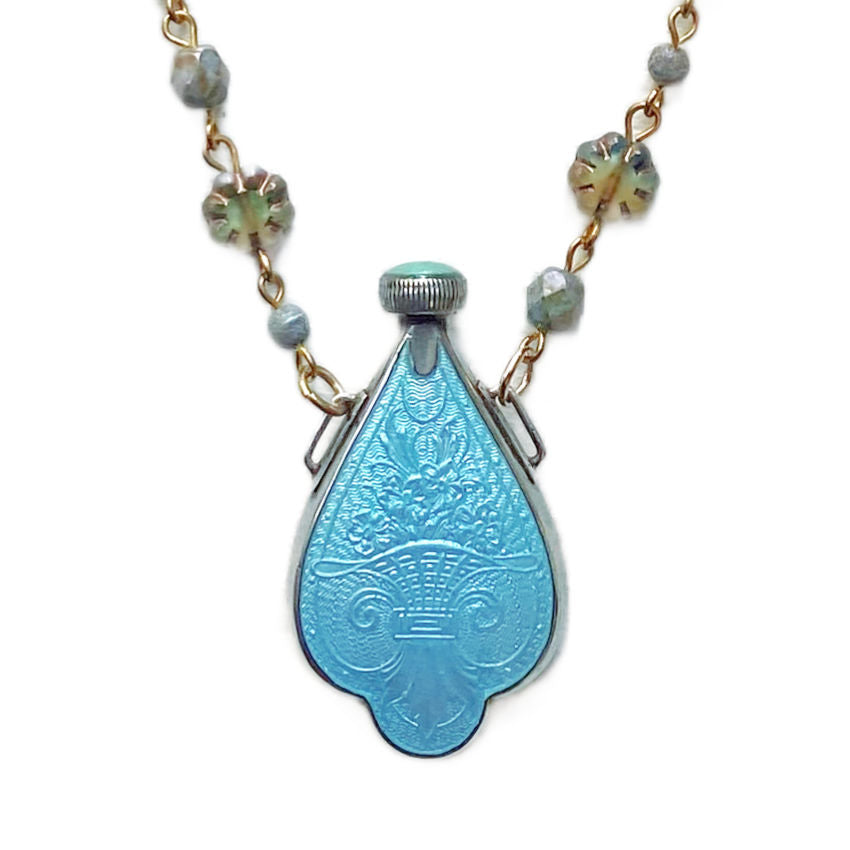 Antique aqua enamel and sterling silver chatelaine perfume bottle necklace from the Belle Époque. A rare, romantic heirloom jewelry piece.