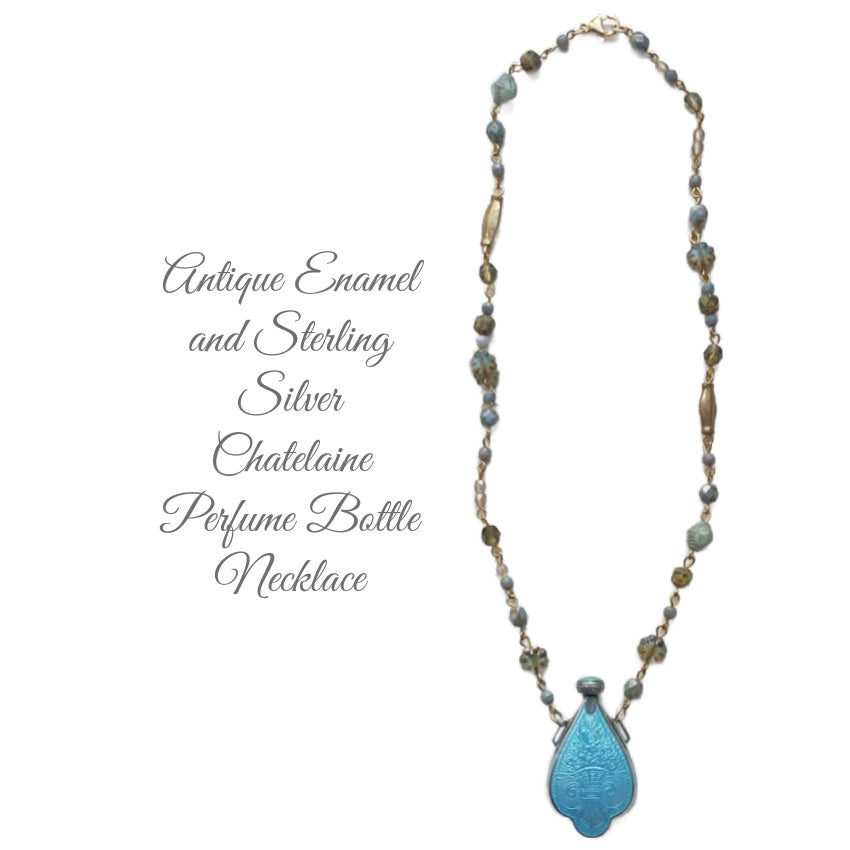 antique perfume bottle necklace, chatelaine necklace, belle epoque jewelry, antique enamel necklace, aqua enamel jewelry, sterling silver antique, antique scent bottle, continental antique jewelry, romantic antique necklace, heirloom jewelry