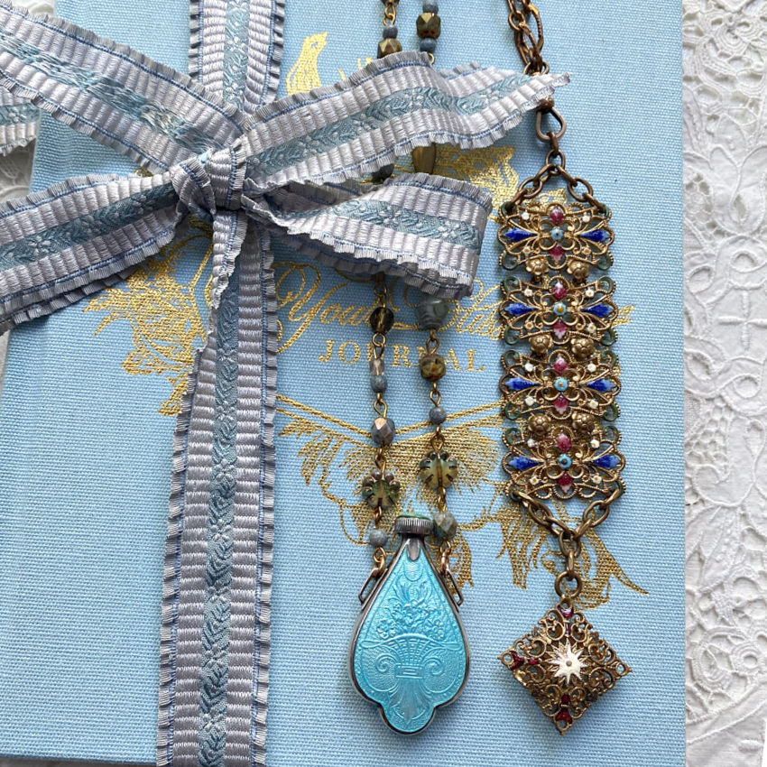 Antique aqua enamel and sterling silver chatelaine perfume bottle necklace from the Belle Époque. A rare, romantic heirloom jewelry piece.
