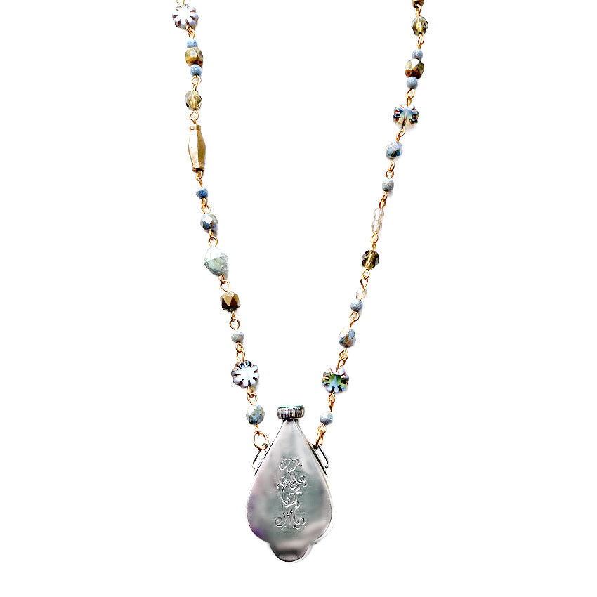 antique perfume bottle necklace, chatelaine necklace, belle epoque jewelry, antique enamel necklace, aqua enamel jewelry, sterling silver antique, antique scent bottle, continental antique jewelry, romantic antique necklace, heirloom jewelry