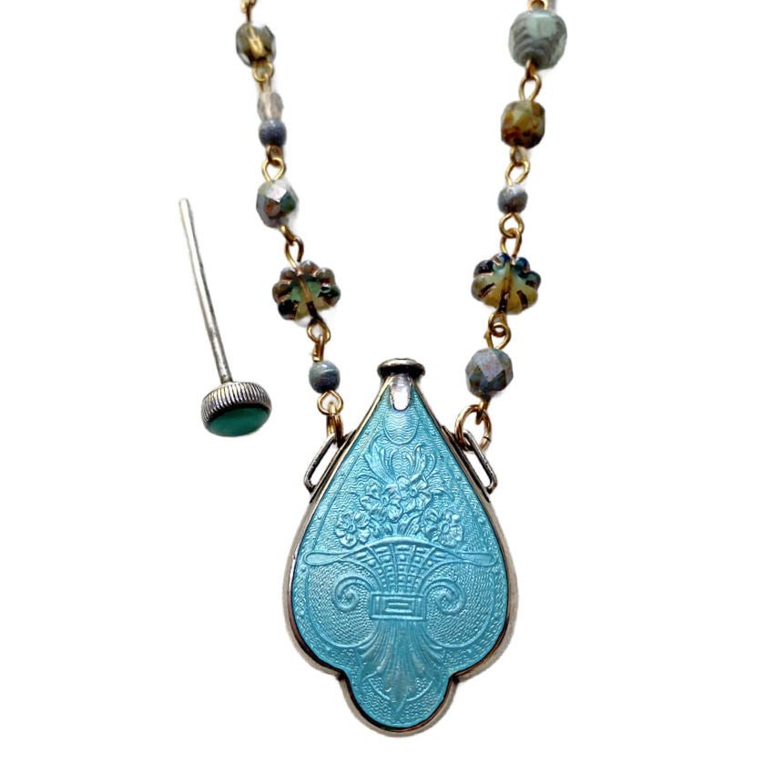 Antique aqua enamel and sterling silver chatelaine perfume bottle necklace from the Belle Époque. A rare, romantic heirloom jewelry piece.