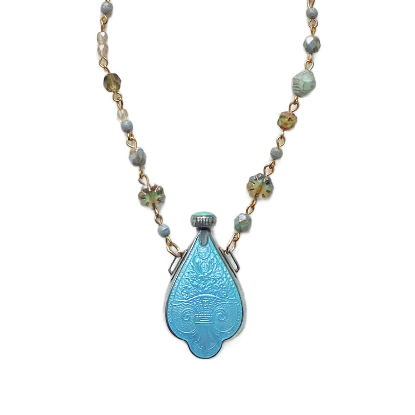 Antique aqua enamel and sterling silver chatelaine perfume bottle necklace from the Belle Époque. A rare, romantic heirloom jewelry piece.
