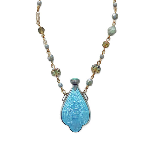 Antique aqua enamel and sterling silver chatelaine perfume bottle necklace from the Belle Époque. A rare, romantic heirloom jewelry piece.