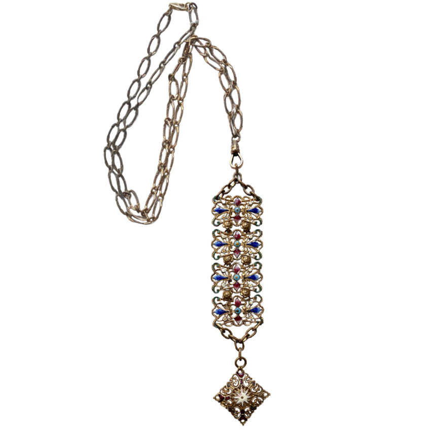 antique watch chain necklace, enameled watch chain, victorian enamel jewelry, antique filigree necklace, jewel toned antique jewelry, victorian statement necklace, antique chain necklace, heirloom jewelry, antique enamel necklace, collectible antique jewelry