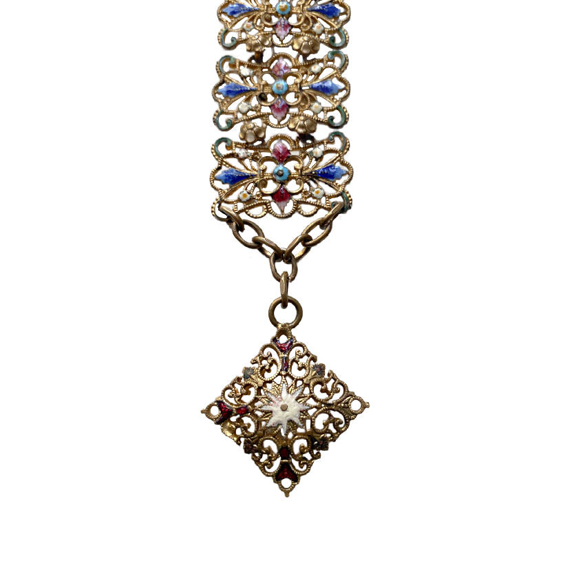 antique watch chain necklace, enameled watch chain, victorian enamel jewelry, antique filigree necklace, jewel toned antique jewelry, victorian statement necklace, antique chain necklace, heirloom jewelry, antique enamel necklace, collectible antique jewelry