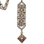 Antique Victorian enameled filigree watch chain necklace with jewel-toned enamel panels and rich patina. A rare statement antique jewelry piece.