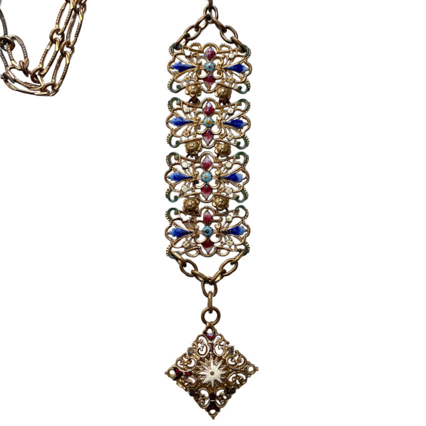 Antique Victorian enameled filigree watch chain necklace with jewel-toned enamel panels and rich patina. A rare statement antique jewelry piece.