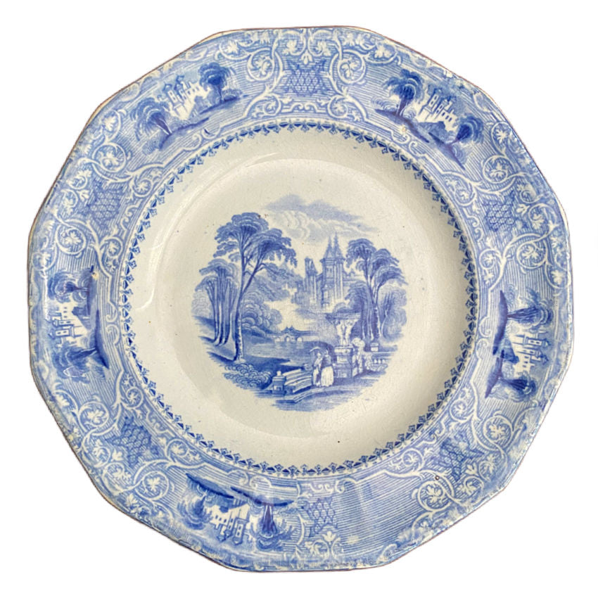 Mid 1800's Edward Challinor Pearlware Plate Blue and White Garden Scene