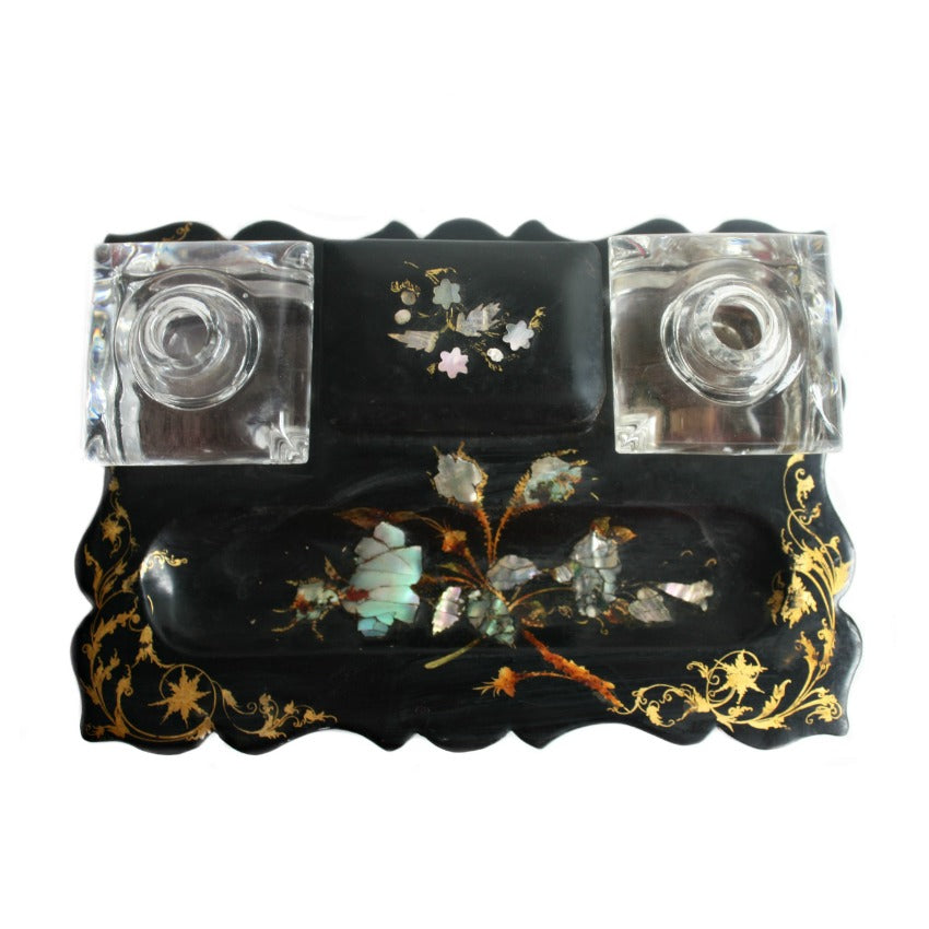 Napoleon III papier mâché inkwell stand with hand-painted florals, mother of pearl inlay, open glass inkwells, and original pen, circa 1870.