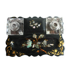 Napoleon III papier mâché inkwell stand with hand-painted florals, mother of pearl inlay, open glass inkwells, and original pen, circa 1870.