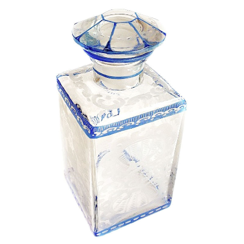 Rare blue Bohemian etched glass dressing vanity bottle in the style of Friedrich Egermann. Art Deco Czech Bohemian art glass, finely engraved.