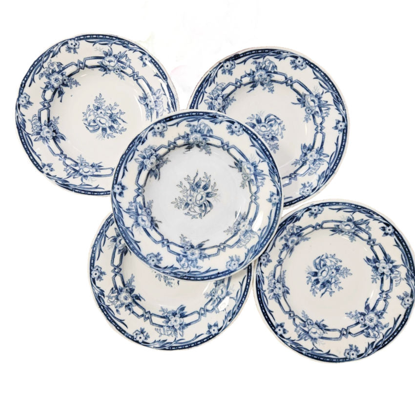 Antique French Blue Floral Deep Plates Set of 5