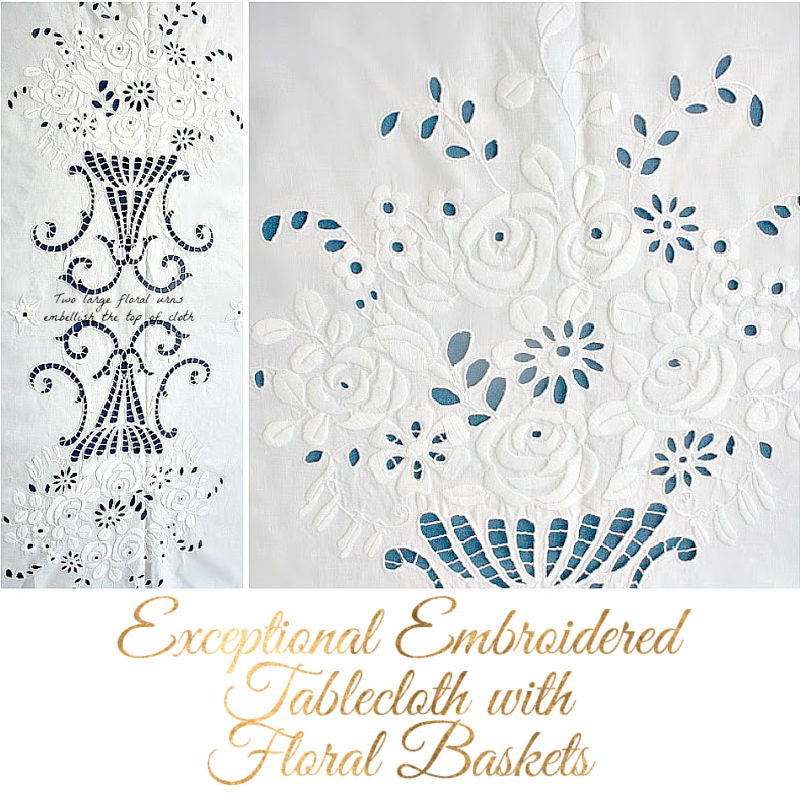 Antique Linen Banquet Tablecloth Whitework Hand Embroidered Rose Urns