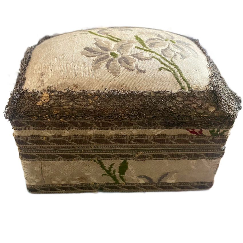 Antique French Fabric and Metallic Gold Lace Small Jewelry Box