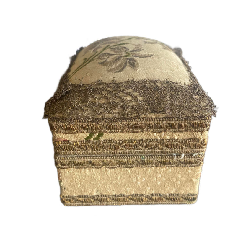 Antique French Fabric and Metallic Gold Lace Small Jewelry Box