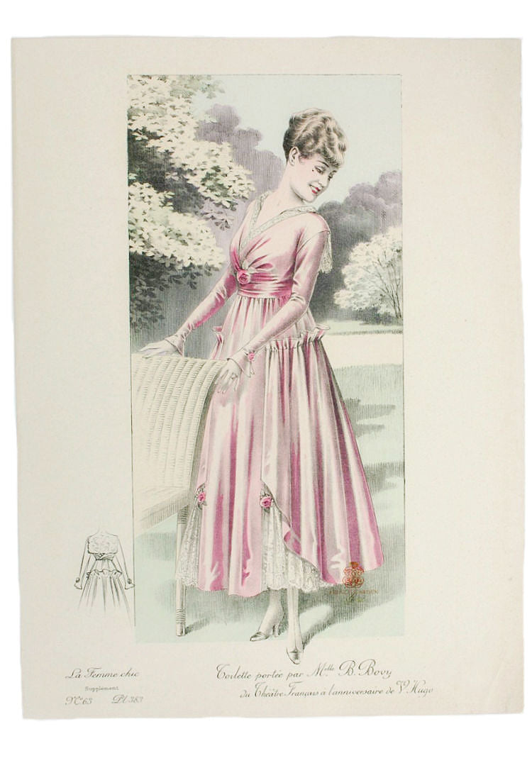 Exquisite color plate from the French Couturier Fashion magazine LA FEMME CHIC, printed in Paris, France in the very early 1900&#39;s.