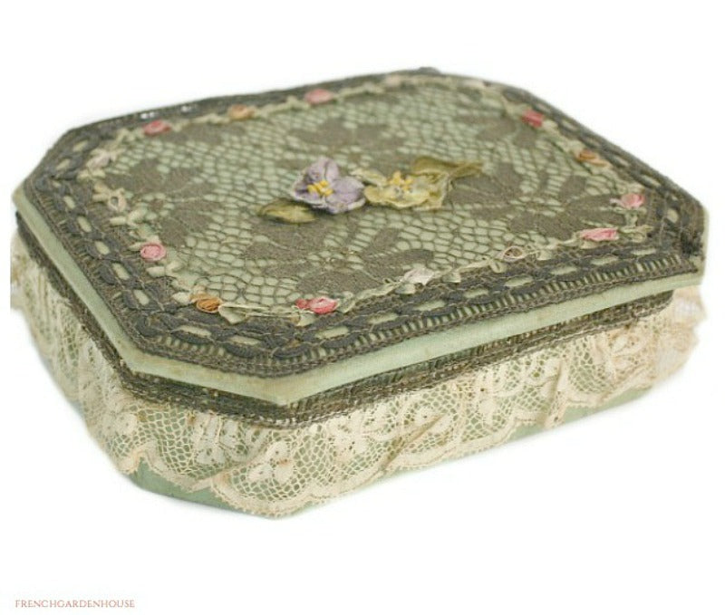 Antique French Ribbonwork Gold Metallic Lace Jewelry Box