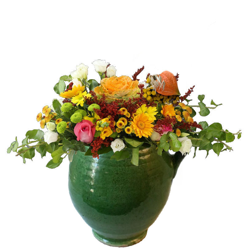 Antique French Green Confit Preserving Pot with stunning floral arrangement