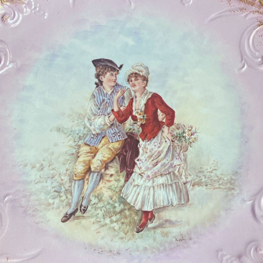 Antique French Limoges Charger Plate Signed Romantic Hand Painted Scene Pink & Gold