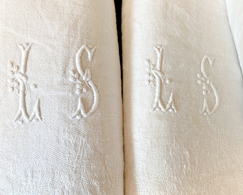 Antique French Linen Damask Napkins Monogrammed Set for 4