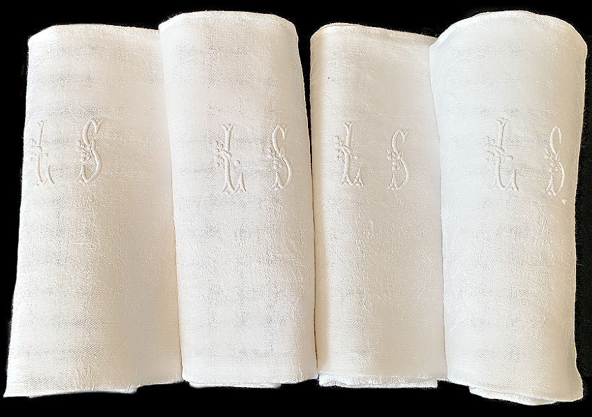 Antique French Linen Damask Napkins Monogrammed Set for 4