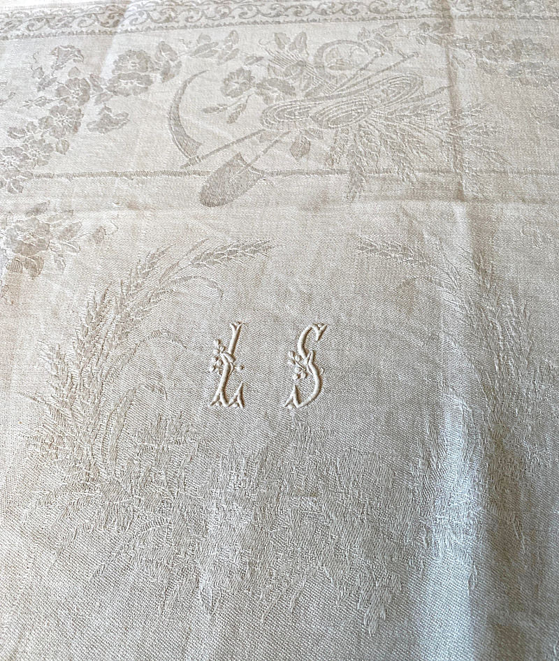 Antique French Linen Damask Napkins Monogrammed Set for 4